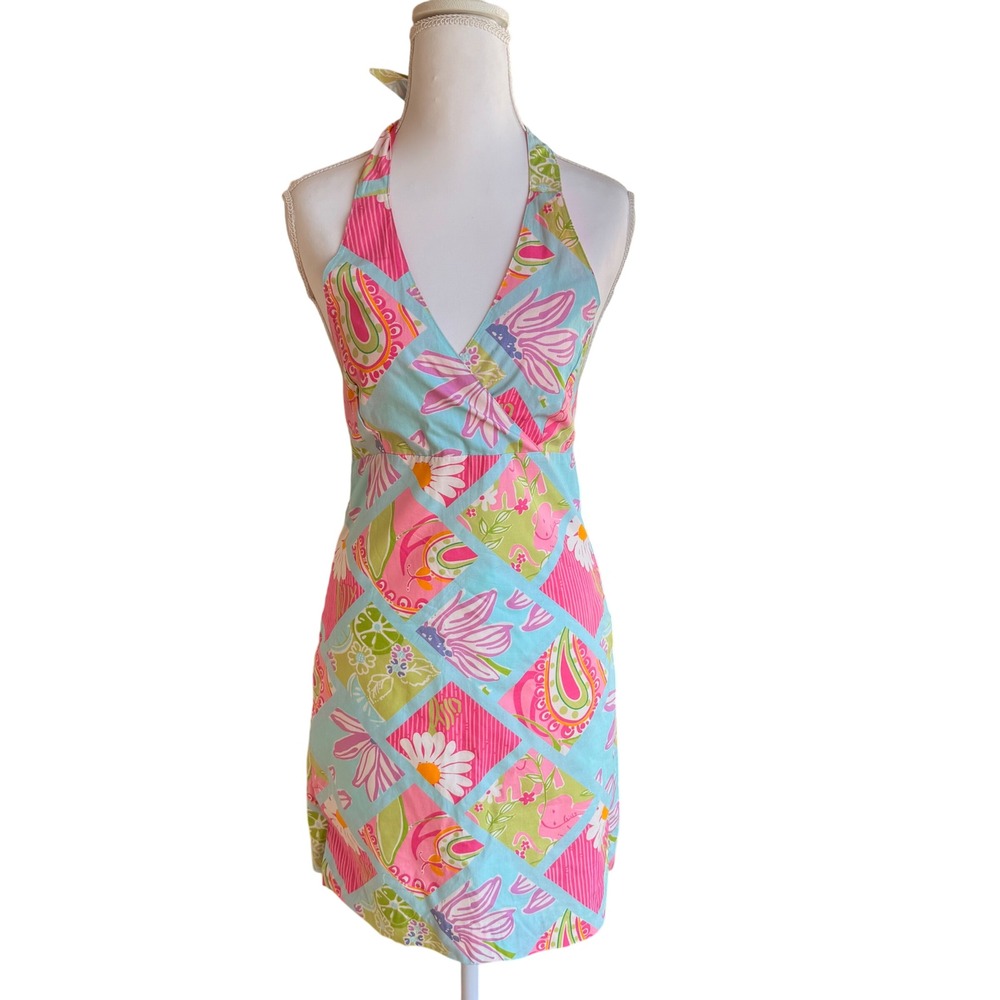 Lilly Pulitzer Women's Pink Blue Patchwork Floral Halter‎ Mini Dress Size 14 VTG